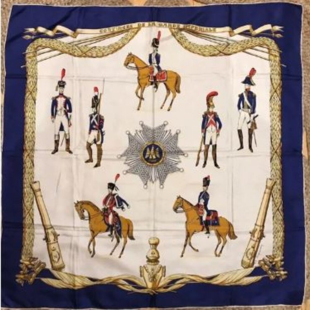 Iconic print royal blue French silk square scarf Signed A.M Raymonenq